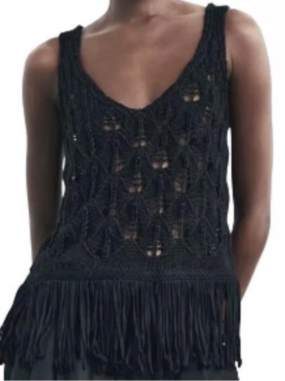ZARA Black Crochet Knit Fringe‎ Boho Festival Vacation Vneck Tank Top Large
